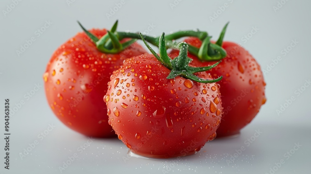 Fresh organic tomatoes with dew drops on neutral background Fresh organic tomatoes with dew drops on neutral background