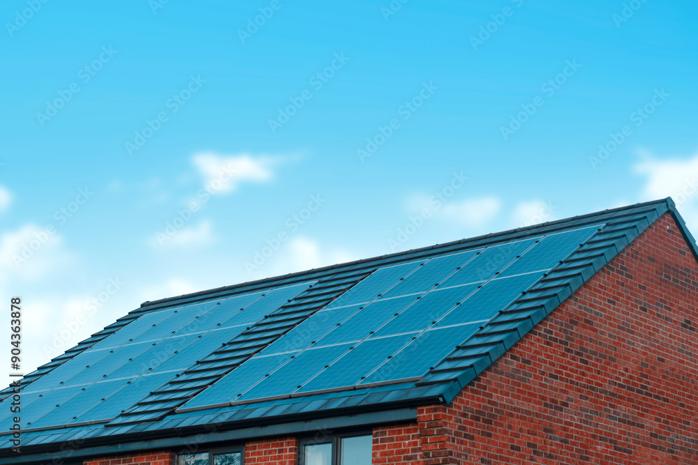 Fototapeta premium Solar Panels Installed on Residential Rooftop in Bright Blue Sky During Daytime