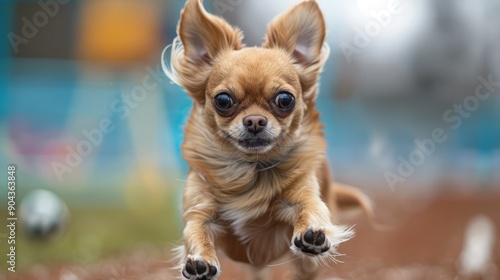 Small chihuahua dog running excitedly during canine competition in early morning photo