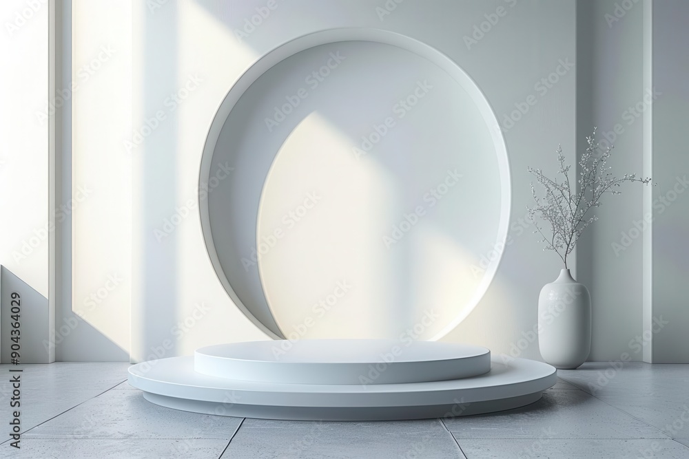 Minimalist white podium with a circular cut-out in the wall and a vase with branches. Perfect for product displays. Minimalist white podium with a circular cut-out in the wall and a vase with branches. Perfect for product displays.