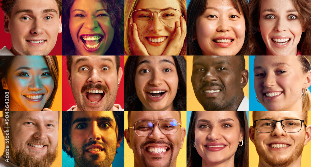 Wow. Collage. Close-up portrait of different people, men and women expressing happiness, joy and excitement, against multicolored background. Concept of human emptions, facial expression, diversity Wow. Collage. Close-up portrait of different people, men and women expressing happiness, joy and excitement, against multicolored background. Concept of human emptions, facial expression, diversity
