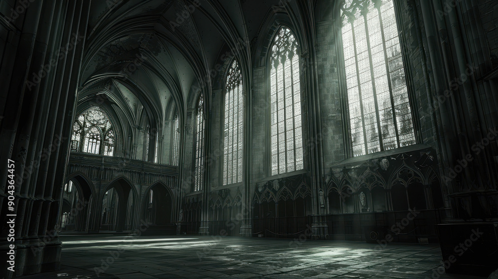 A dark, empty room with stained glass windows. The room is dimly lit, giving it a mysterious and eerie atmosphere A dark, empty room with stained glass windows. The room is dimly lit, giving it a mysterious and eerie atmosphere
