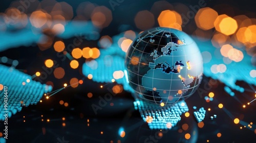 A glowing globe representing global connectivity, surrounded by digital elements and soft bokeh lights, ideal for technology themes.