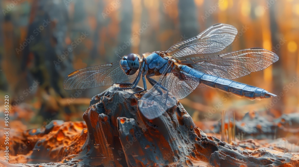 Big blue dragonfly resting on parch tree trunk in warm light Big blue dragonfly resting on parch tree trunk in warm light