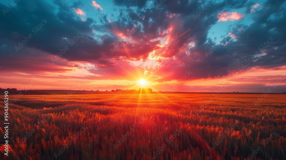 Fototapeta premium Stunning sunset over fields under cloudy skies