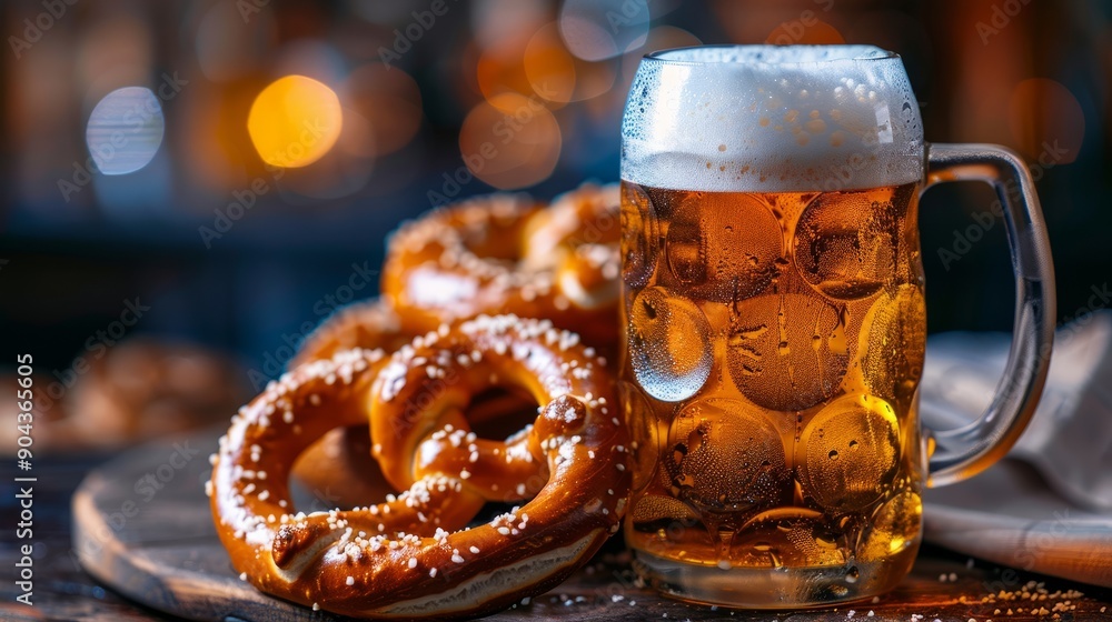 Bavarian pretzel and beer set on a table with festive atmosphere Bavarian pretzel and beer set on a table with festive atmosphere