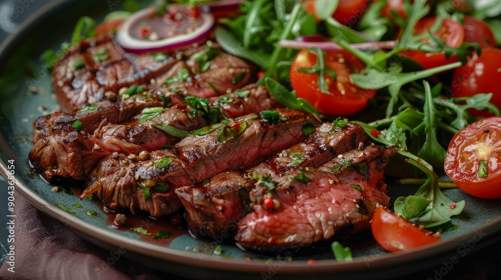 Grilled beef steak slices accompanied by fresh salad with tomatoes and greens Grilled beef steak slices accompanied by fresh salad with tomatoes and greens