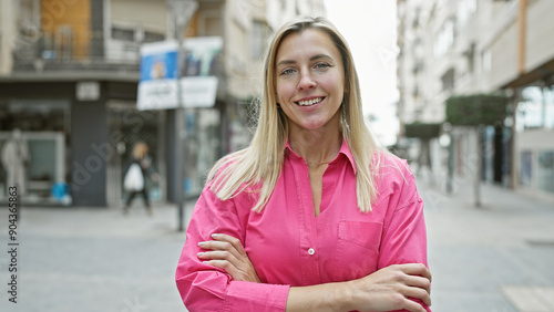 Confident blonde woman with crossed arms smiling on a city street, portraying urban lifestyle. photo