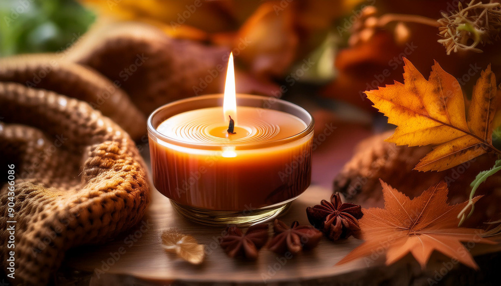 Lighting Autumn Scented Candle in Cozy Setting, space for text Lighting Autumn Scented Candle in Cozy Setting, space for text