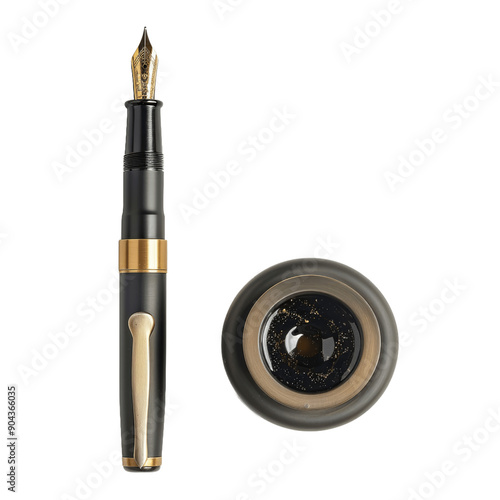 Stylish fountain pen and inkwell isolated on transparent background top view