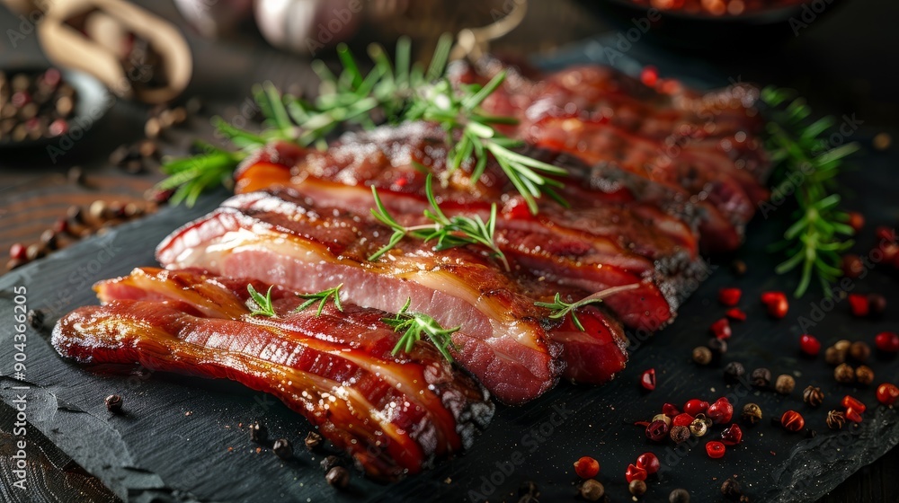 Smoked bacon garnished with fresh herbs on rustic wooden table Smoked bacon garnished with fresh herbs on rustic wooden table