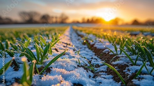 Frost covered winter wheat field at sunrise in early spring photo