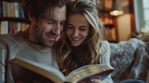 Realistic image of a young couple reading the Bible together in a cozy living room high-definition clarity