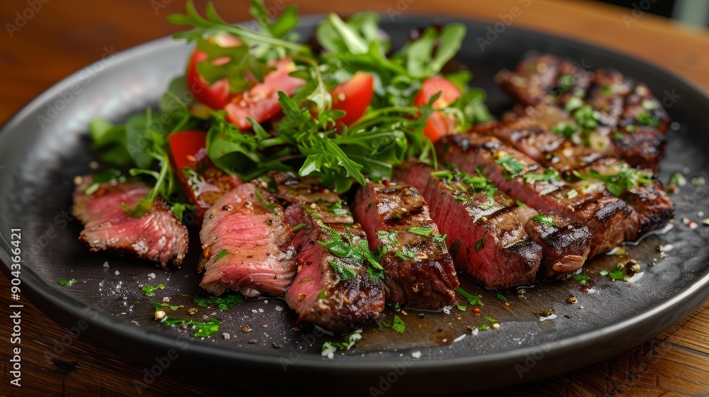 Grilled beef steak slices with fresh salad served on a plate Grilled beef steak slices with fresh salad served on a plate