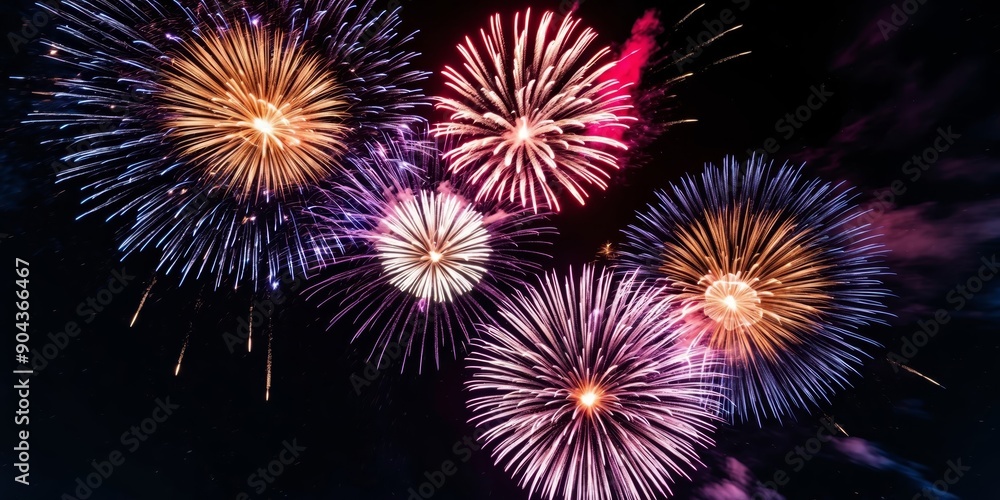 Fototapeta premium Colorful fireworks burst in the night sky.