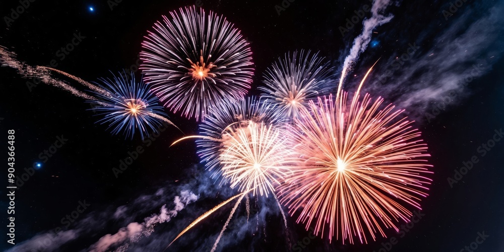 Fototapeta premium Colorful fireworks explode in the night sky, creating a dazzling display.