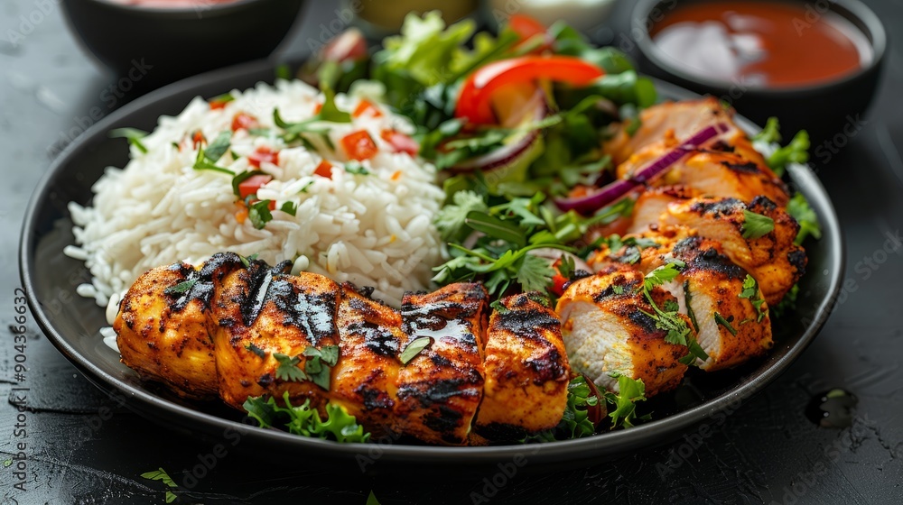 Flavorful chicken tikka plated with rice and salad in a cozy dining setting Flavorful chicken tikka plated with rice and salad in a cozy dining setting