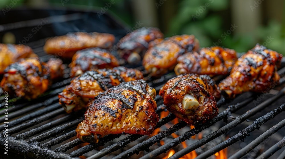 Grilled chicken wings marinated and cooking on a hot grill in a backyard setup Grilled chicken wings marinated and cooking on a hot grill in a backyard setup