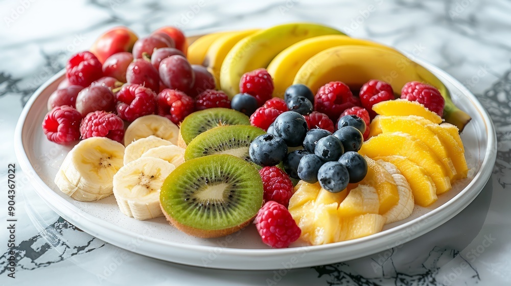 Colorful fruit platter featuring bananas, kiwis, apples, and berries for a refreshing snack Colorful fruit platter featuring bananas, kiwis, apples, and berries for a refreshing snack