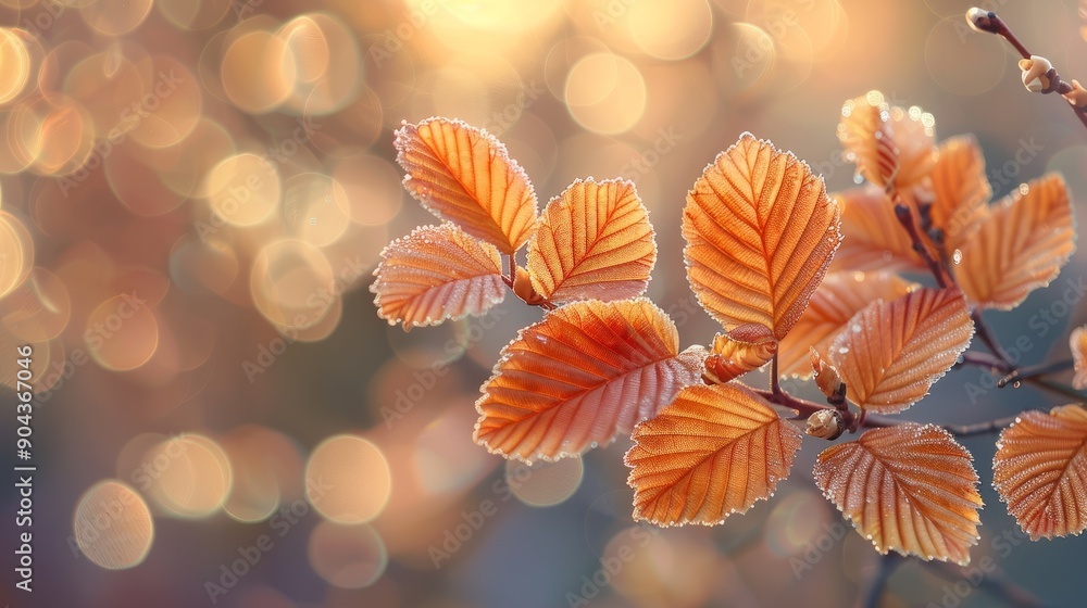 Obraz premium Newly emerged beech leaves against blurred background in early spring light