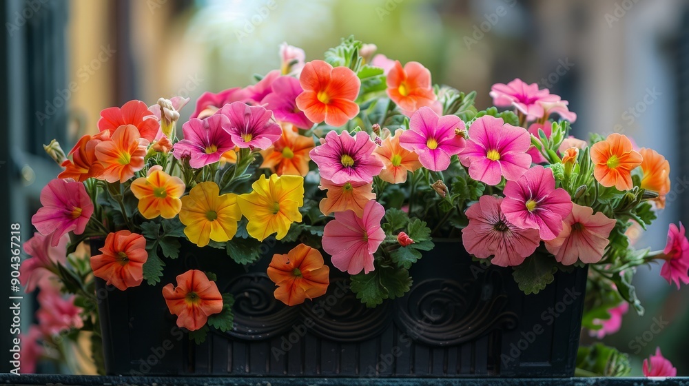 Fototapeta premium Colorful flowers blooming on balcony in springtime sunshine