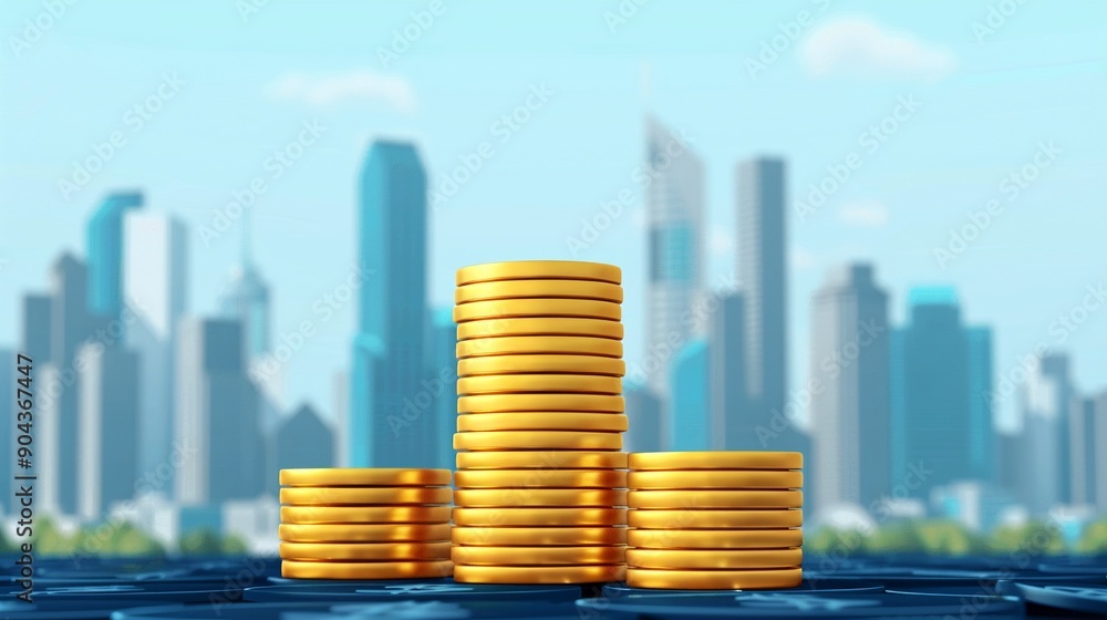 Illustration of piled gold coins with a backdrop of city skyscrapers, Symbolizing capital, Realistic, High Definition, Gold and blue 8K , high-resolution, ultra HD,up32K HD Illustration of piled gold coins with a backdrop of city skyscrapers, Symbolizing capital, Realistic, High Definition, Gold and blue 8K , high-resolution, ultra HD,up32K HD