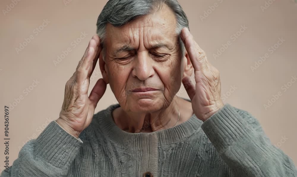 Medium shot portrait video of a man in his 70s visibly in discomfort and fatigue from an autoimmune disease like lupus wearing a chic cardigan against a pastel or soft colors background Medium shot portrait video of a man in his 70s visibly in discomfort and fatigue from an autoimmune disease like lupus wearing a chic cardigan against a pastel or soft colors background
