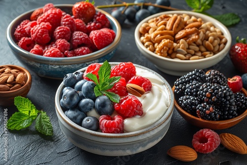 Fresh Berries And Nuts Arranged Neatly At A Morning Breakfast Table