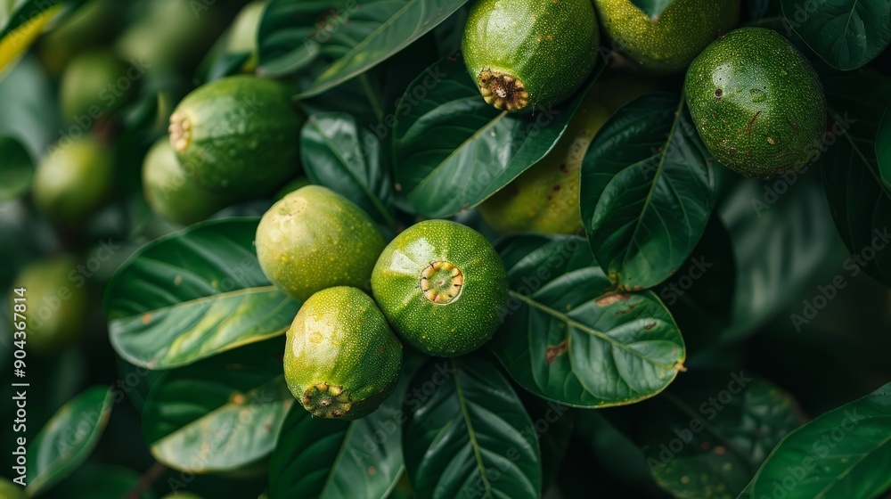 Fototapeta premium Guava fruits growing on lush green guava tree branches in a sunny orchard