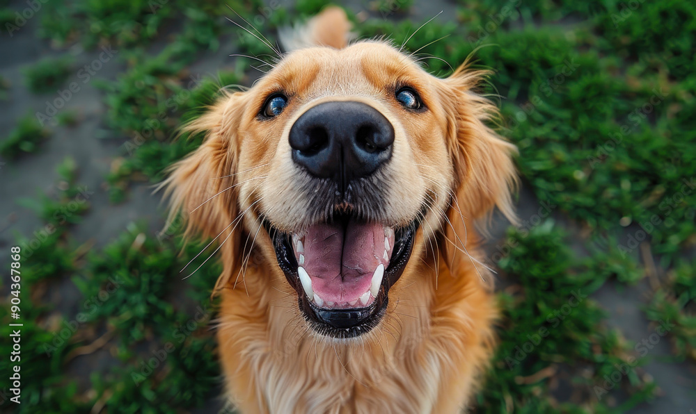 Joyful Golden Retriever Close-Up on Green Grass, Happy Dog Outdoors during Daytime, Animal Portrait with Natural Background, Concept of Pet Happiness and Playfulness Joyful Golden Retriever Close-Up on Green Grass, Happy Dog Outdoors during Daytime, Animal Portrait with Natural Background, Concept of Pet Happiness and Playfulness