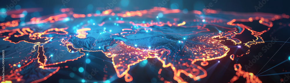 A map of the world with a glowing orange line through it. The map is a representation of the internet and the glowing line represents the flow of information A map of the world with a glowing orange line through it. The map is a representation of the internet and the glowing line represents the flow of information