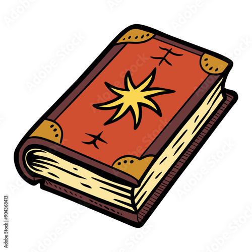 Hand drawn magic spell book. Ancient book in leather cover. Vector cartoon illustration.