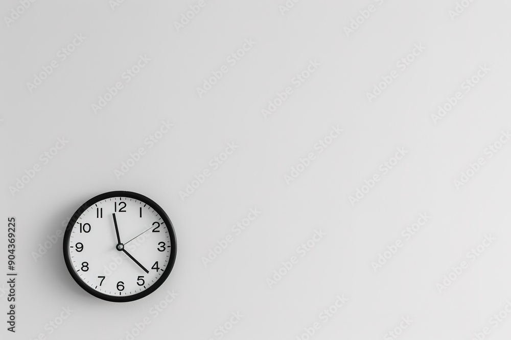 Minimalistic black and white clock on blank wall Minimalistic black and white clock on blank wall