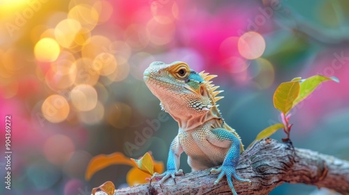 Oriental garden lizard resting on a branch in a blurred floral background at sunset photo