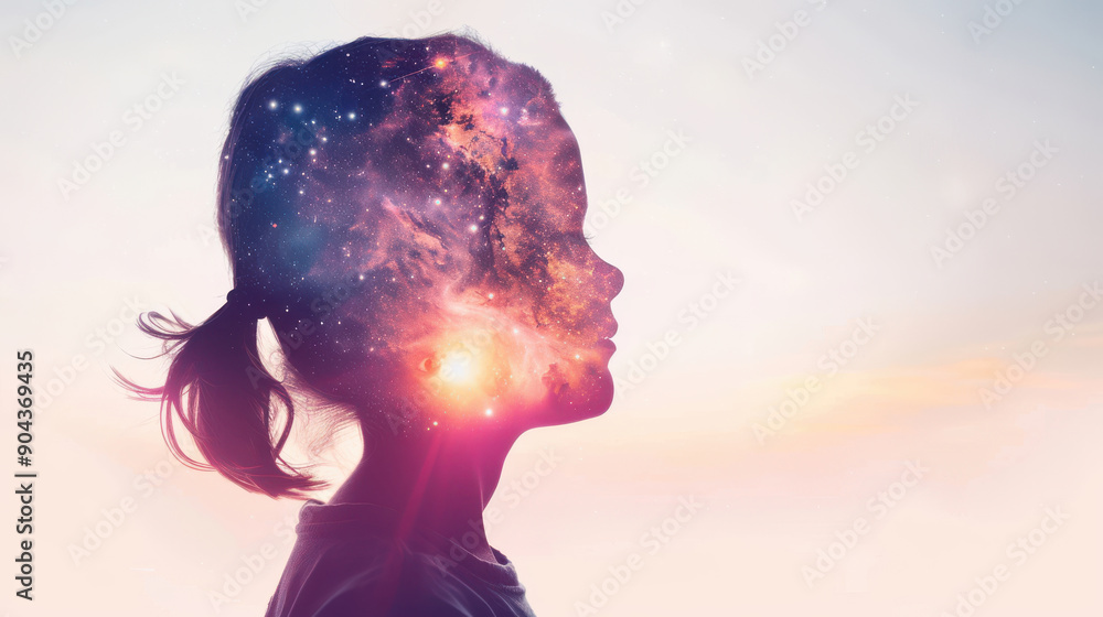A dreamy silhouette of a child with a galaxy background, symbolizing imagination and wonder in a cosmic landscape. A dreamy silhouette of a child with a galaxy background, symbolizing imagination and wonder in a cosmic landscape.