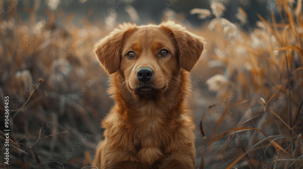 Obraz premium Adorable golden retriever sitting in tall grass during a calm autumn afternoon