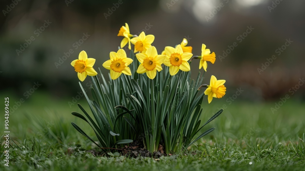 Fototapeta premium Vibrant yellow daffodils blooming in a spring garden