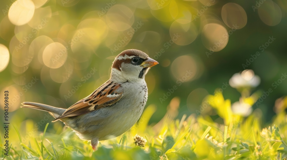 Naklejka premium Young sparrow foraging for food in grassy field during golden hour