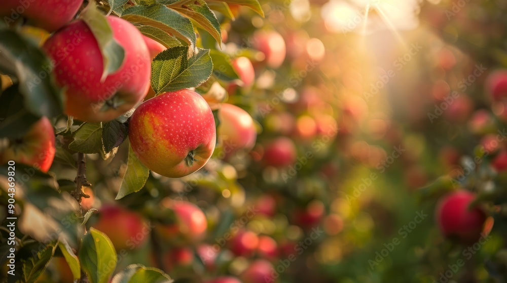 Obraz premium Spring blossoms in apple tree orchard with ripe fruit and warm light