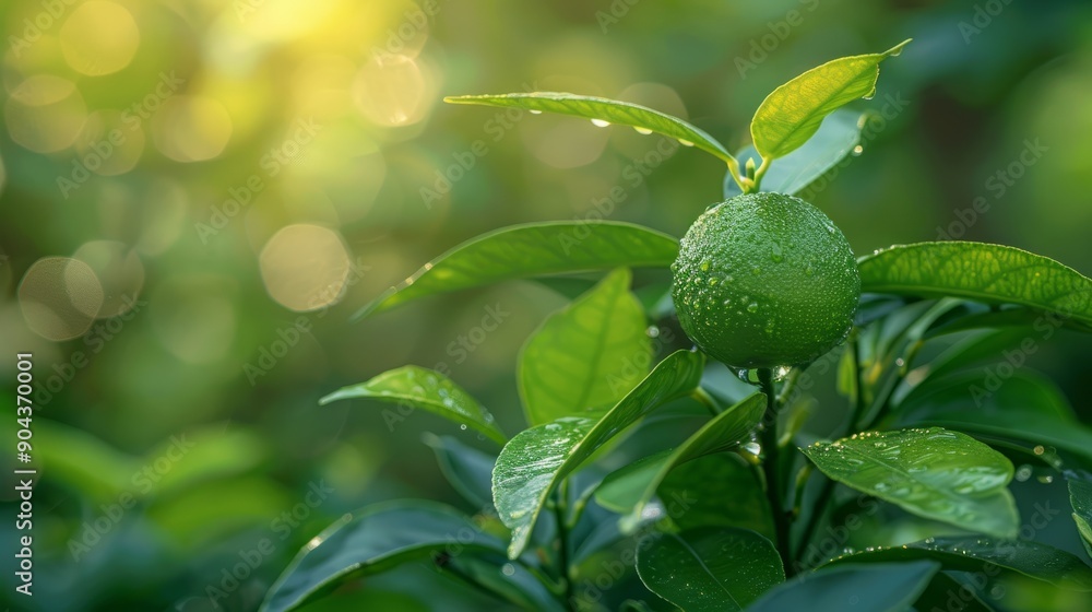 Young lime fruit on branch with dew in lush green garden during daylight Young lime fruit on branch with dew in lush green garden during daylight