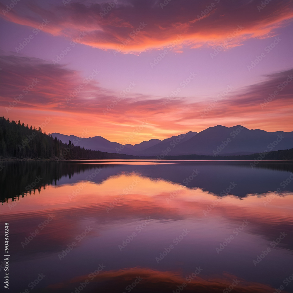 Fototapeta premium sunset over the lake with mountain range in the background