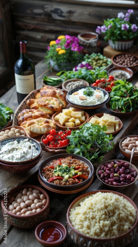 A table laden with a variety of traditional Georgian dishes, including bread, cheese, vegetables, and a bottle of wine A table laden with a variety of traditional Georgian dishes, including bread, cheese, vegetables, and a bottle of wine