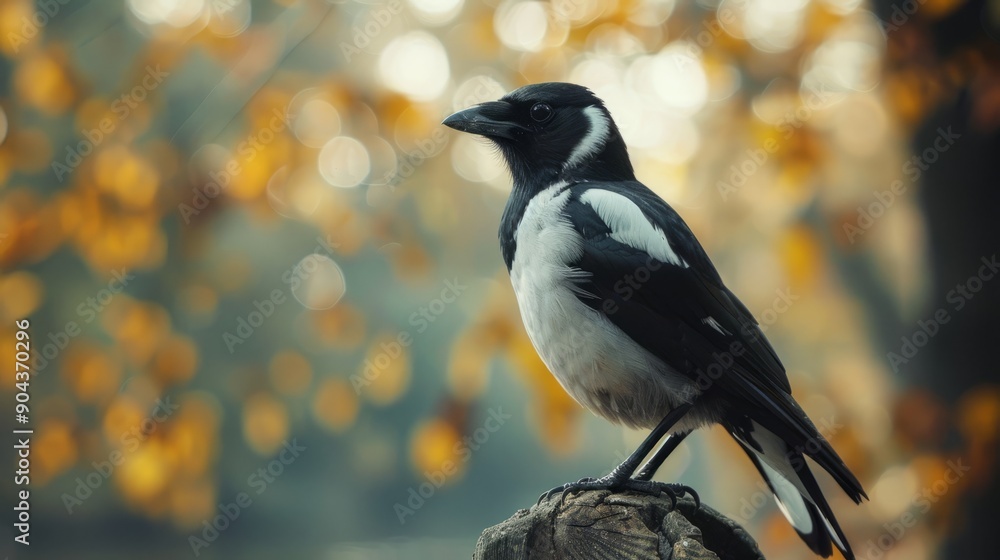 Young magpie perched on tree branch surrounded by autumn leaves in soft morning light Young magpie perched on tree branch surrounded by autumn leaves in soft morning light
