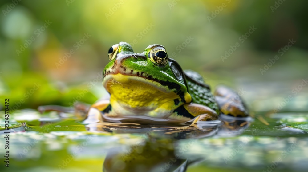 Green frog resting on lily pad in natural habitat under soft sunlight Green frog resting on lily pad in natural habitat under soft sunlight