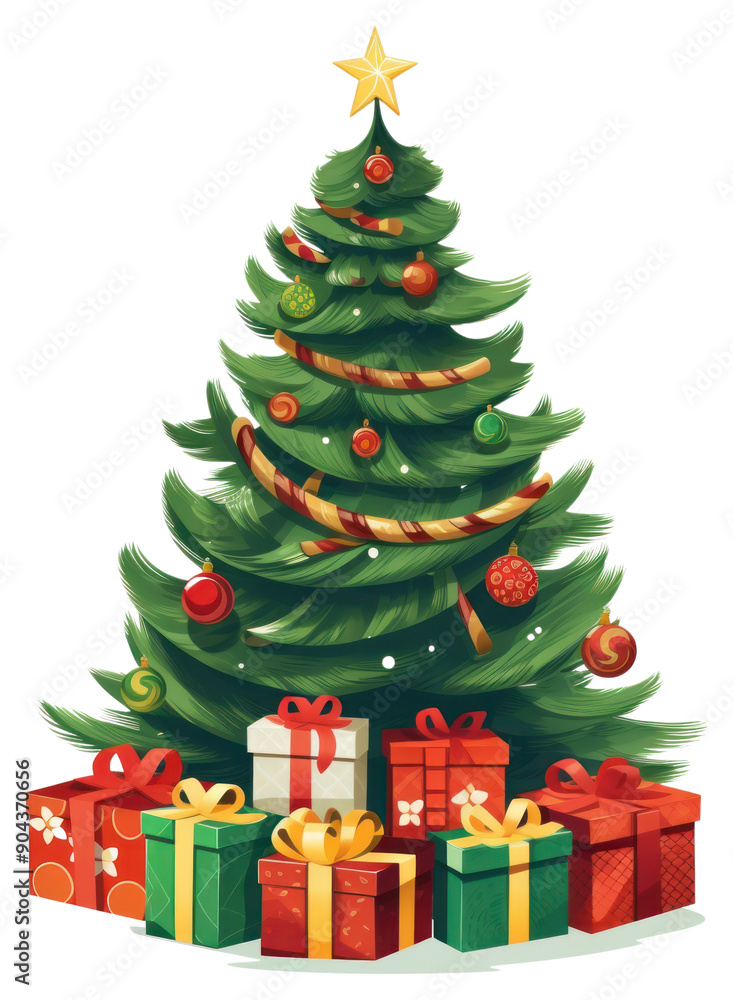 PNG Christmas tree with gifts and holly around it cartoon plant white background. PNG Christmas tree with gifts and holly around it cartoon plant white background.