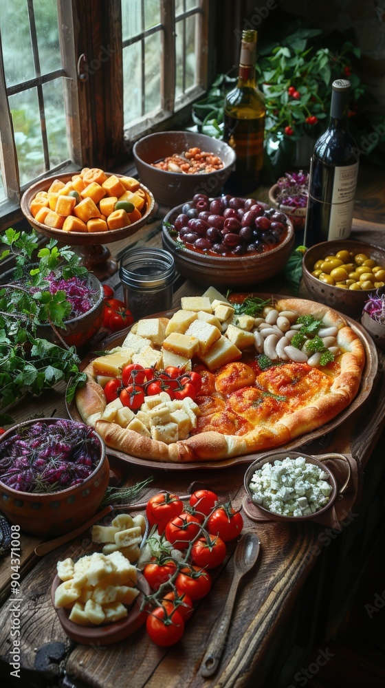 A traditional Georgian feast featuring Khachapuri bread and a variety of dishes, arranged on a rustic wooden table A traditional Georgian feast featuring Khachapuri bread and a variety of dishes, arranged on a rustic wooden table