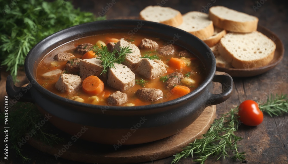 A rustic bowl of hearty beef stew served with crusty bread A rustic bowl of hearty beef stew served with crusty bread