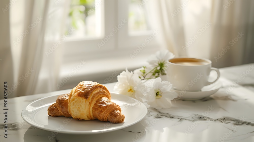 Cozy breakfast setup with a croissant and coffee on a marble table. The soft morning light and flowers create a warm and inviting atmosphere. Cozy breakfast setup with a croissant and coffee on a marble table. The soft morning light and flowers create a warm and inviting atmosphere.