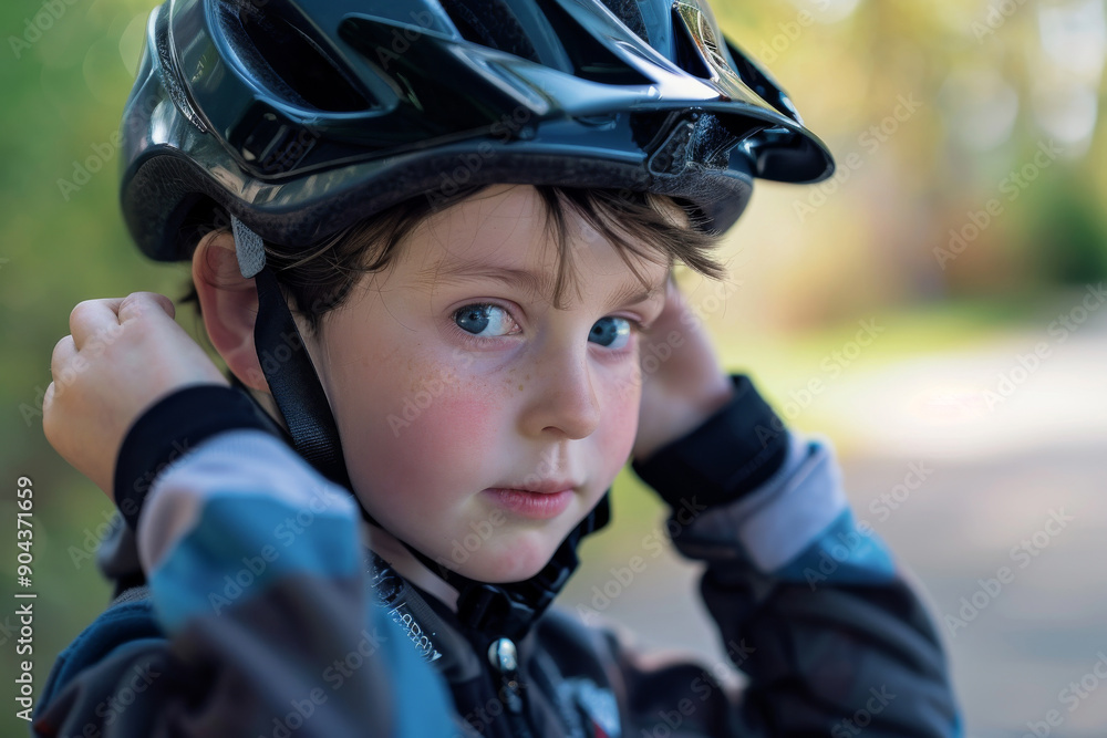 A young boy is wearing a helmet and adjusting it A young boy is wearing a helmet and adjusting it