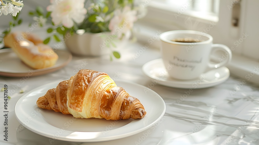 Cozy breakfast setup with a croissant and coffee on a marble table. The soft morning light and flowers create a warm and inviting atmosphere. Cozy breakfast setup with a croissant and coffee on a marble table. The soft morning light and flowers create a warm and inviting atmosphere.